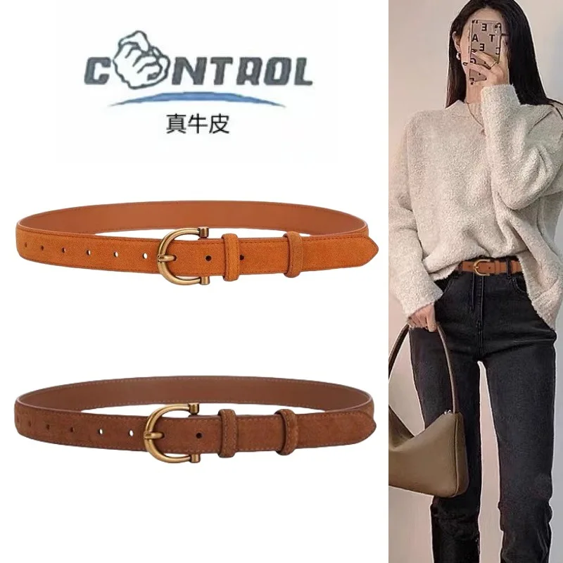 حزام من الجلد الطبيعي، بسيط وعصري، متعدد الاستخدامات وعصري للنساء، مع حزام من الدنيم المزخرف #2