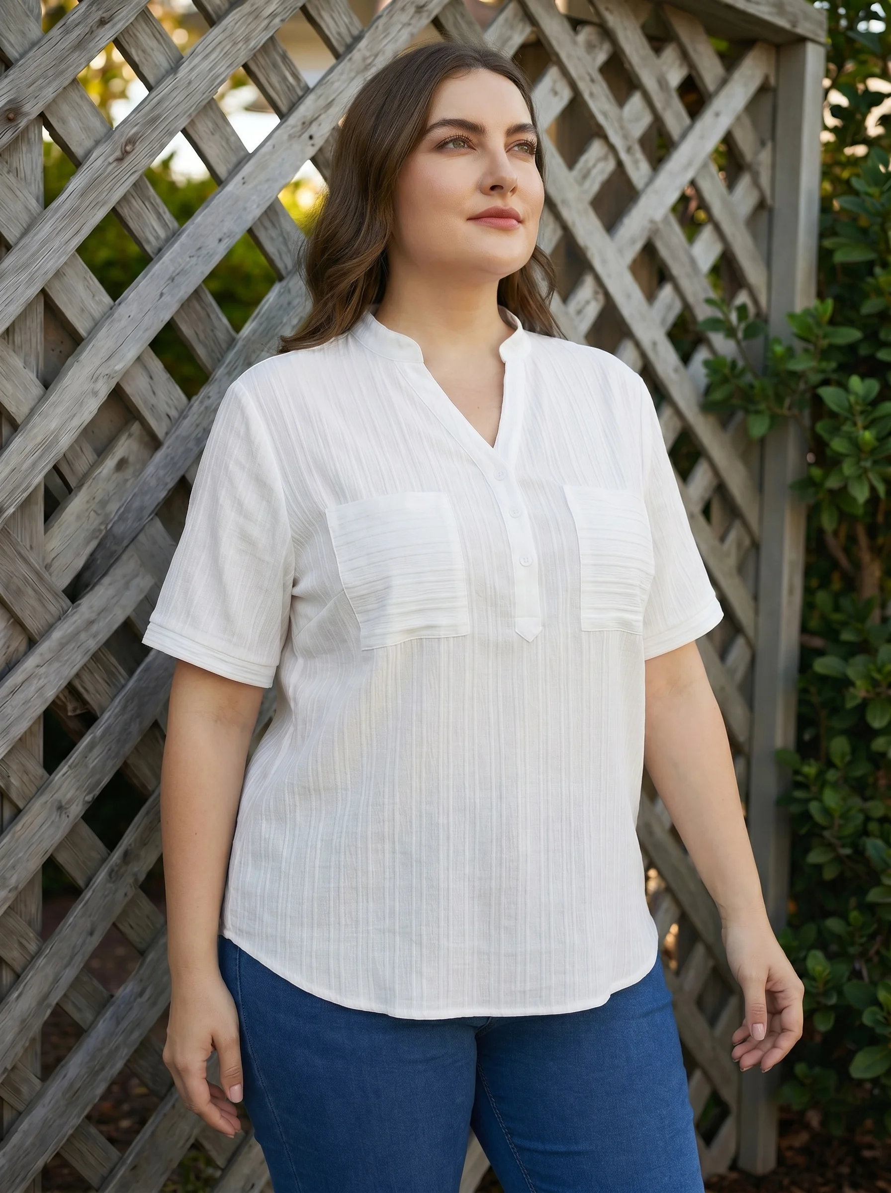Rosa Fera Plus Size Women Solid Color V Neck Button Front Short Sleeve Pocket Blouse Shirt