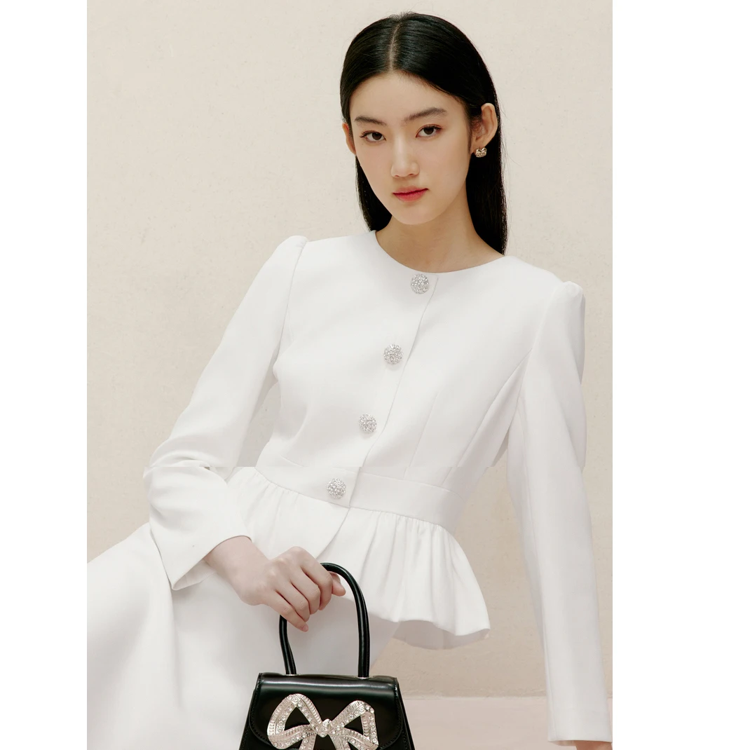 Ele High Waist Vine Fiber Long Sve round Ne Gown with Lace Trim High End Spring Collection Fake Two-Piece Dr