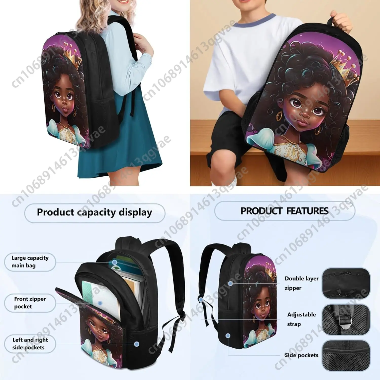 Princess African Girl Backpack with Lunch Bag Set for Preschool Kids School Bag for Boys Girls Casual Book Bag with Lunch Box an