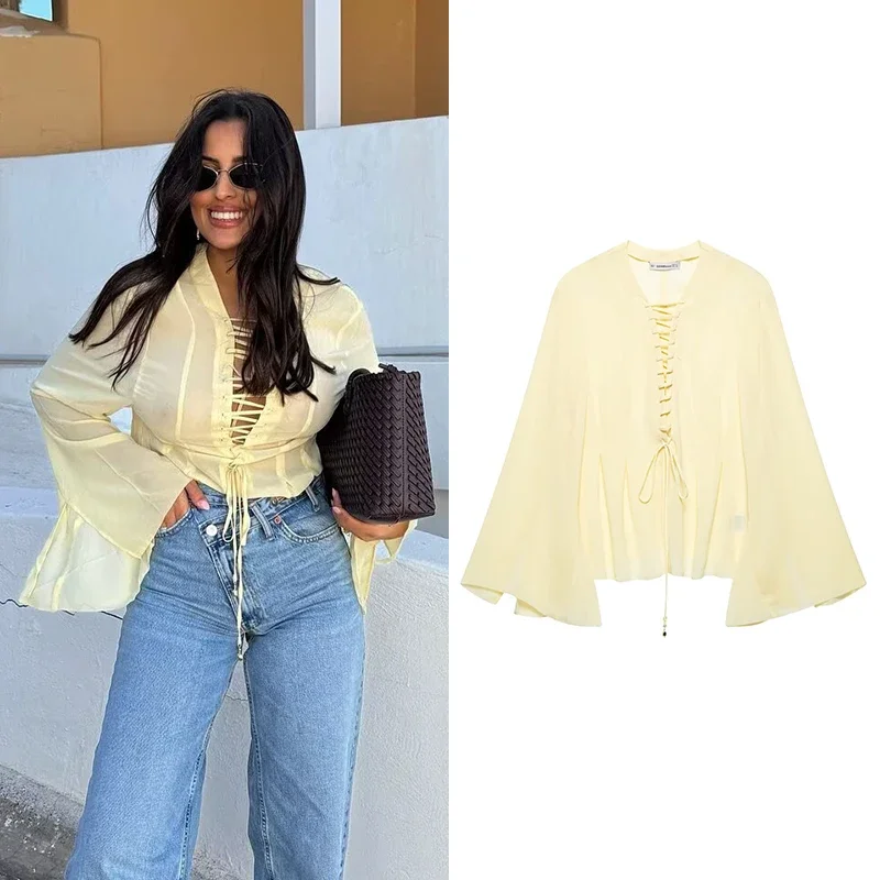 

Fashion Lace-up Decoration Chiffon Shirts For Women V-Neck Flare Sleeve Casual Shirts Female Blouses Tops