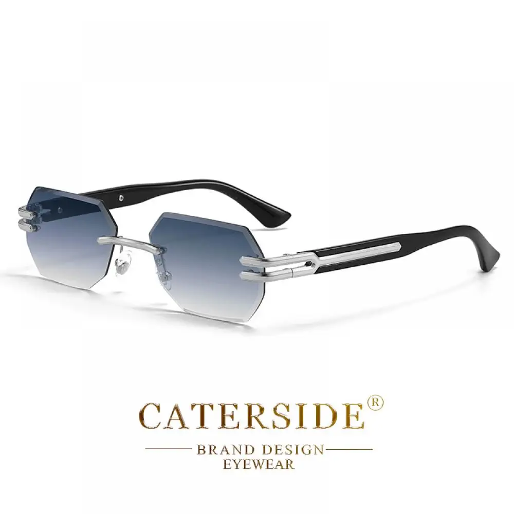 CATERSIDE Neue rahmenlose Sonnenbrille für Herren, modische polygonale Spiegellinsen mit Farbverlauf, Metallrahmen, Damen-Party-Sonnenbrille für den Außenbereich – Detail 21
