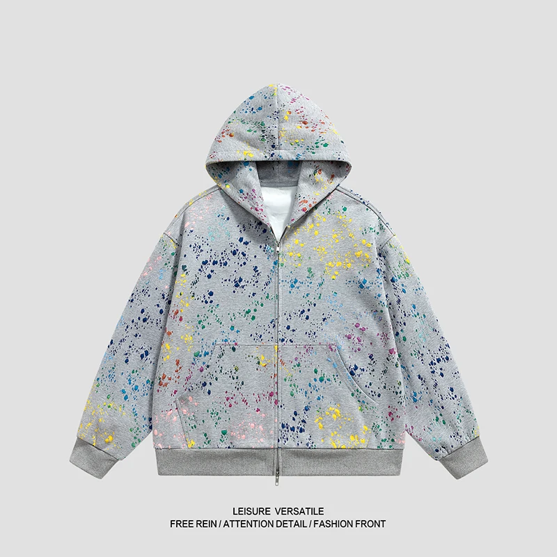 

Front-Focused Paint Splatter Zip-Up Hoodie - Oversized Street Jacket, Loose Silhouette Perfect for Men & Women Casual Outings