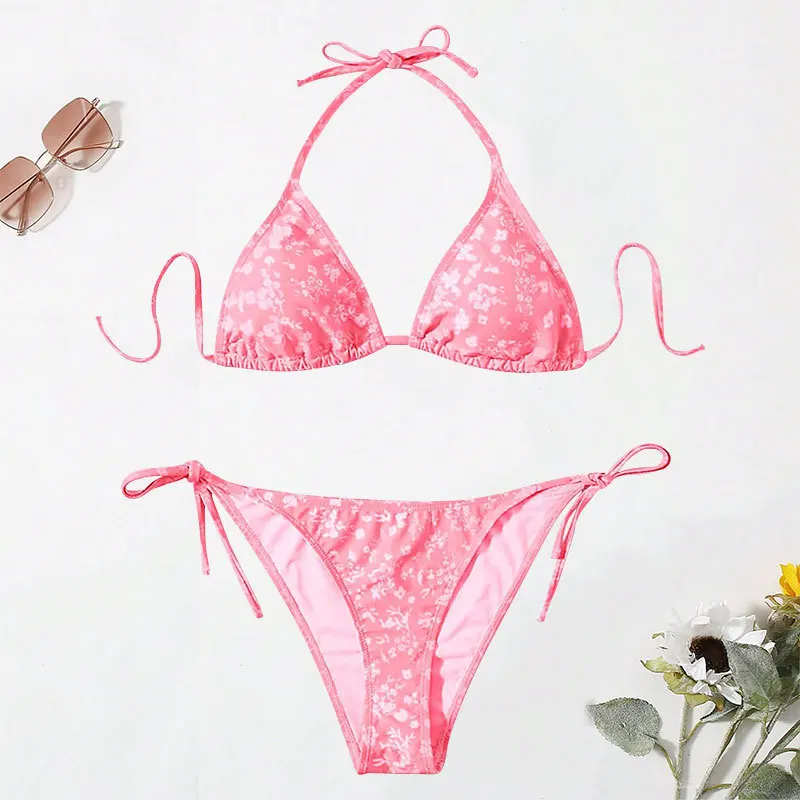 Sexy Bikini Set Bathing Suit Women 2024 New Lace Up Neck Swimsuit Fragmented Flower Beach Swimsuit Beach Bikini Swimsuit
