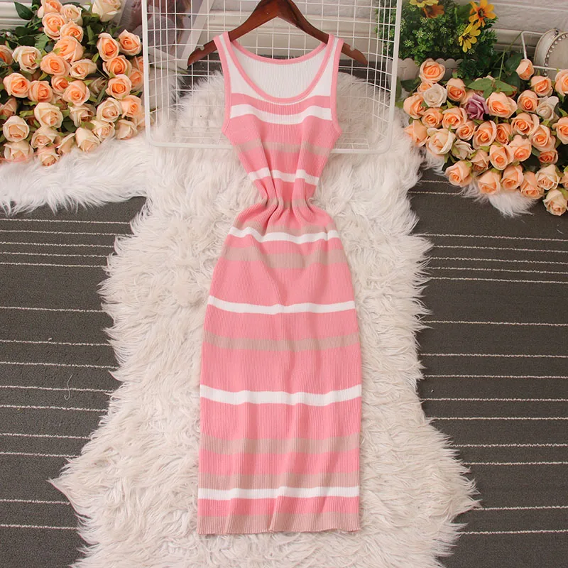 2024 New Summer Chic Stripe O-neck Knit Elastic Bodycon Dress Sexy Beach Vacation Sundress Slim Pencil Vestidos Long Dress