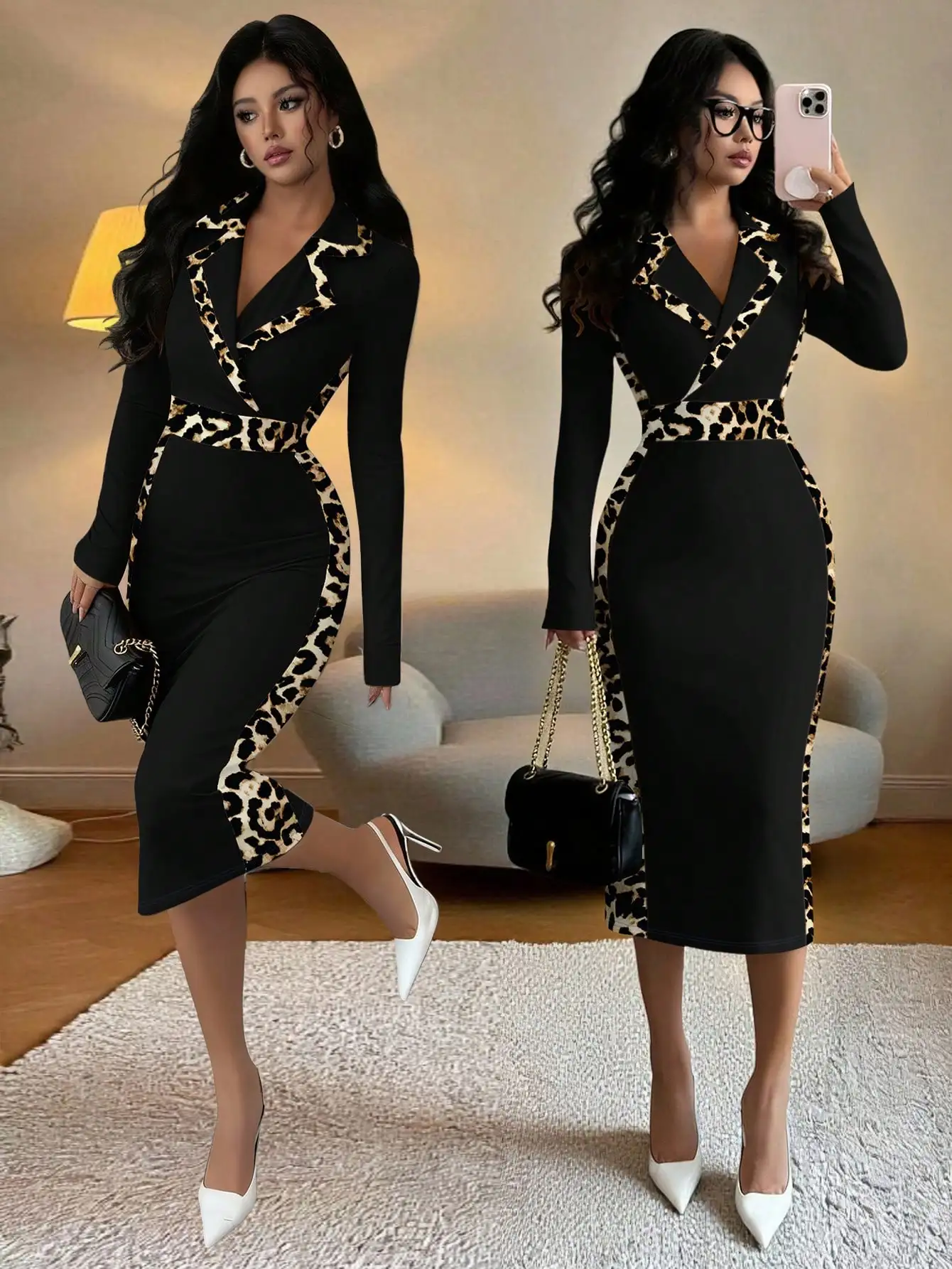 

Women's Leopard Trim Blazer Collar Bodycon Long Sleeve Midi Dress for Autumn Winter