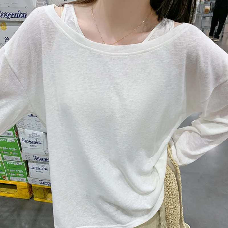 두 조각 정장 여성 긴 소매 들어 갔어 Tshirt 캐주얼 라운드 넥 느슨한 Overshirt 여성 여름 모든 경기 솔리드 컬러 T 셔츠