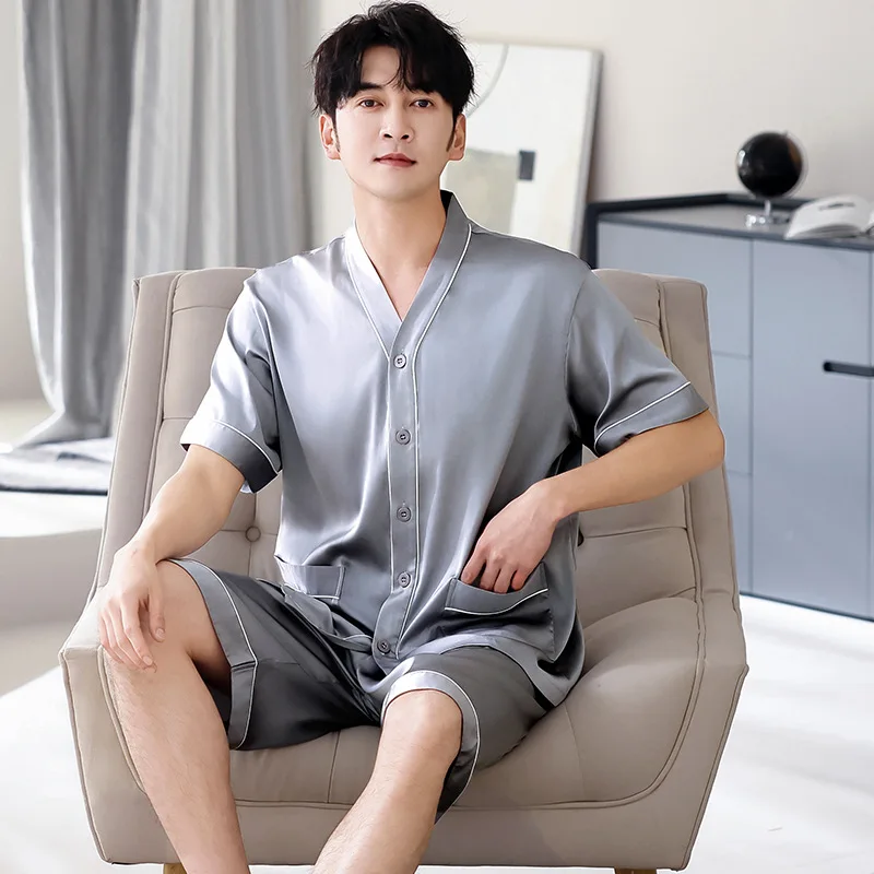 

2026 New Men's Plus Size Ice Silk Pajamas Short Sleeve Shorts V-Neck Kimono Cardigan Summer Breathable Loose Nightwear Pijamas