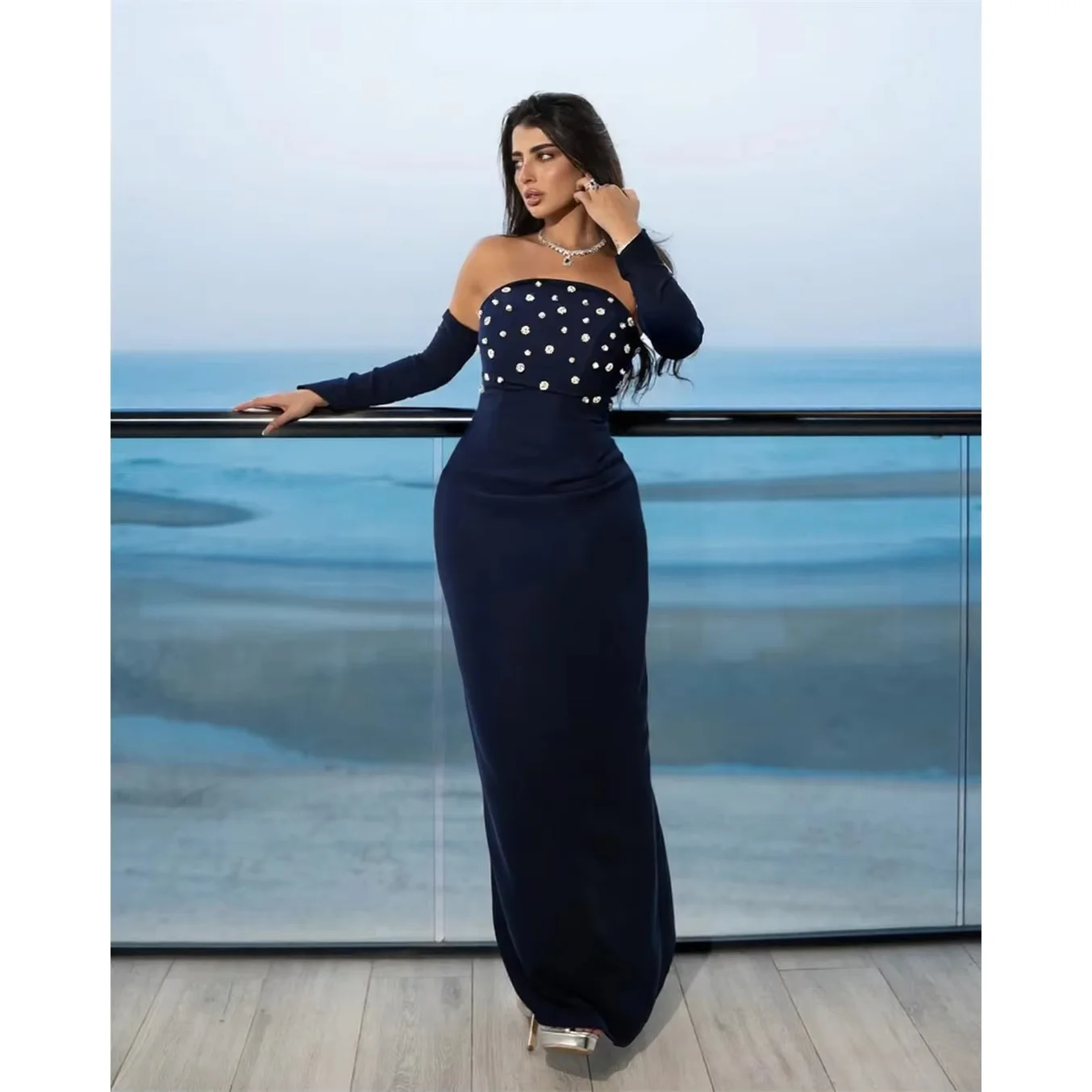 

Strapless Beaded Long Bespoke Occasion Gown Evening Dresses Pastrol Unisex Jersey Retro Dubai Saudi Arabic Prom Customized