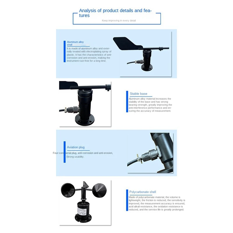 30M/S Polycarbonate Wind Speed Direction Sensor Weather Station Outdoor 3 Cup Anemometers Sensor Output 0-5V