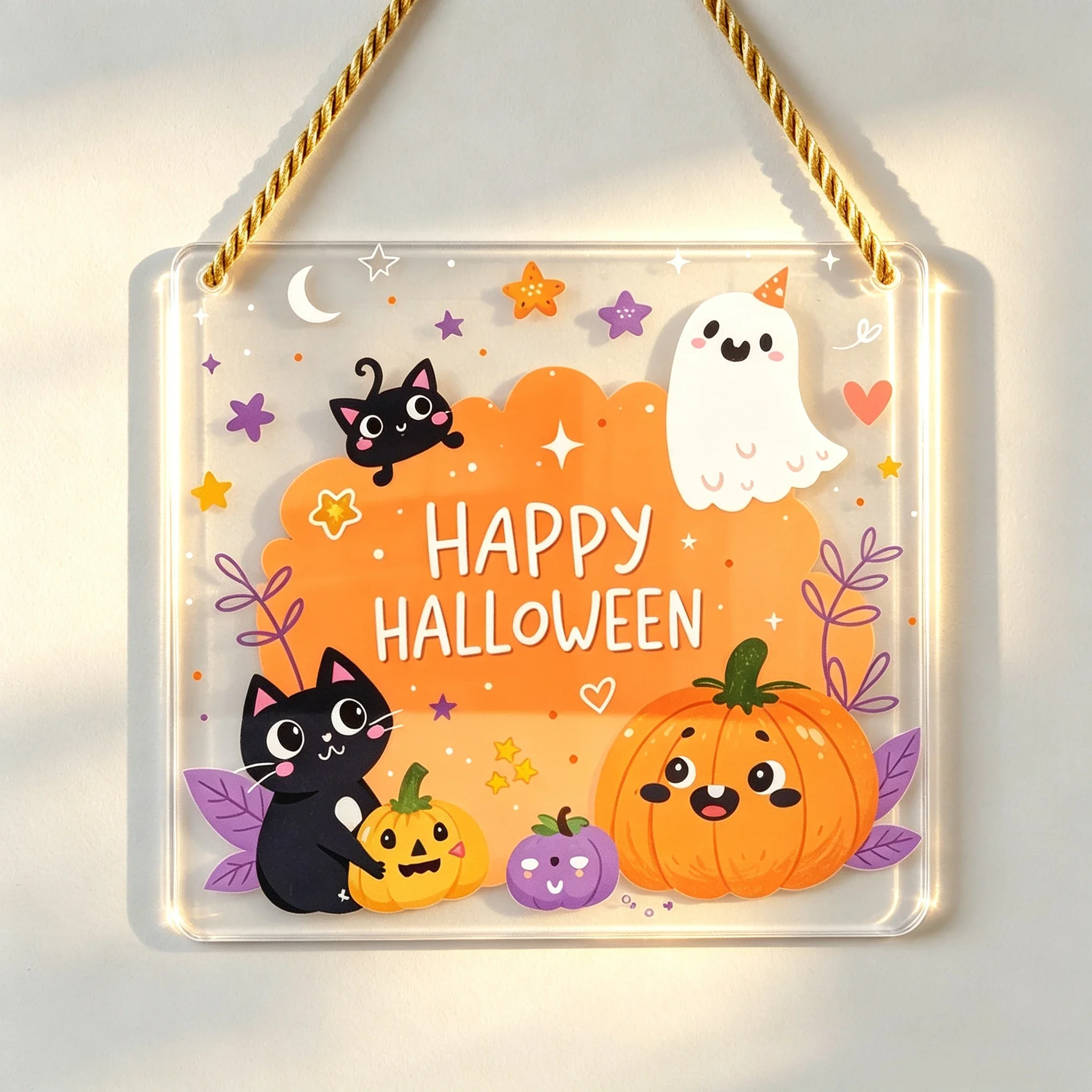 Happy Halloween Rectangular Acrylic Hanging Sign, Cute Cartoon Wall Decor,Happy for halloween Design with Cute Cats, Ghosts And Pumpkins, for Home Office Or Party Decoration, Perfect for Halloween Season And Gift to Friends Or Family