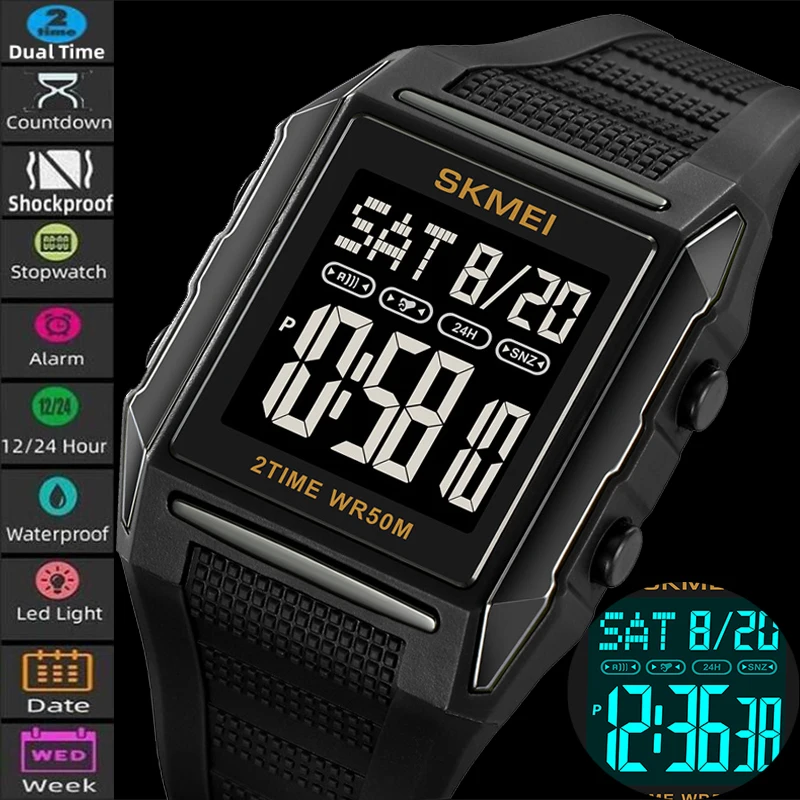 

Skmei Mens Digital Sports Watches Fashion TPU Strap Waterproof LED Chronograph Alarm Clock Dual Time Zone Electronic Wristwatch