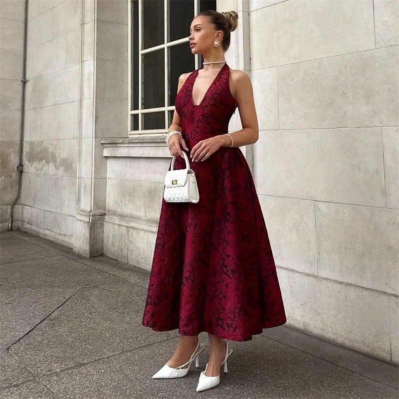 Yellow Jacquard Prom Dress Sexy V Neck Sleeveless Backless A Line Party Gown Formal Wedding Guest Birthday Evening Robe