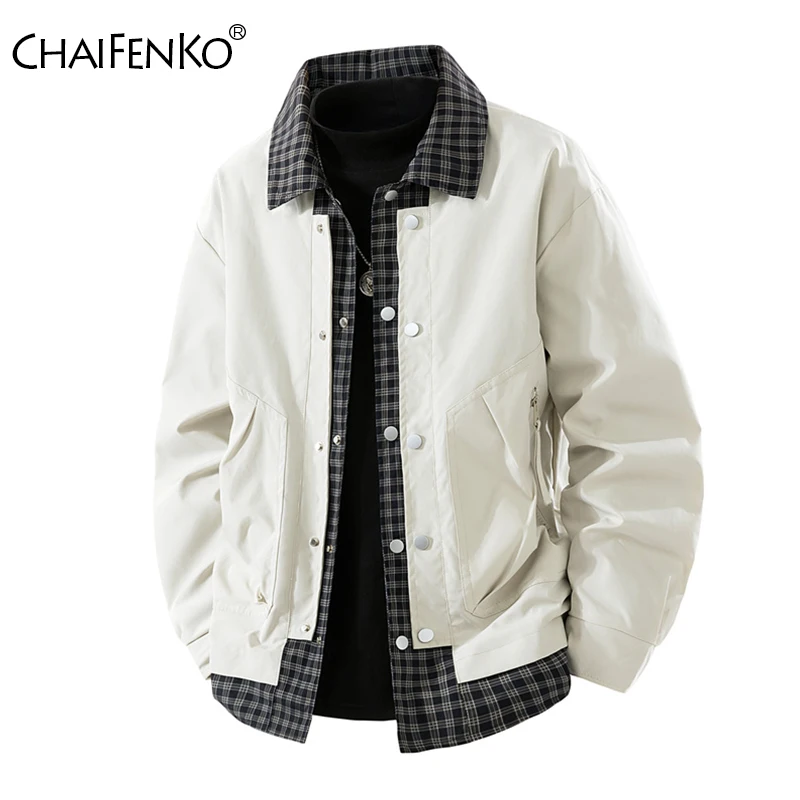 New Simplicity Fashion False Two Piece Men Jacket Outdoors Loose Comfort Versatile Coat Spring Autumn Casual Grid Lapel Tops Men