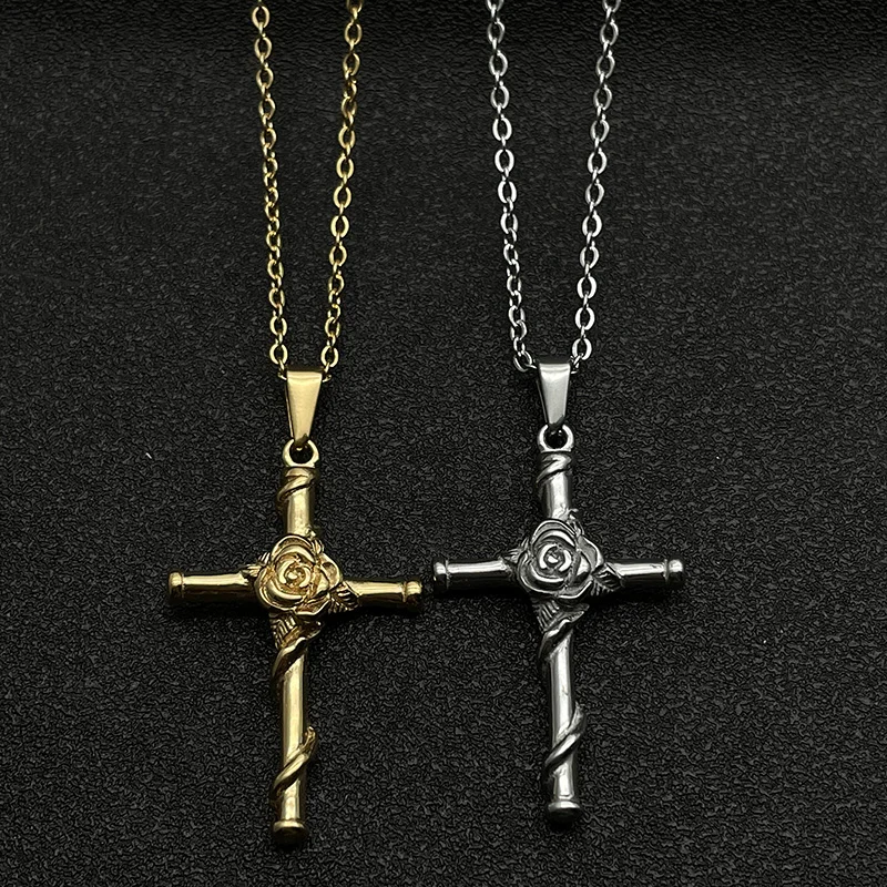 Gold Color Stainless Steel Jesus Cross Pendant Necklace for Women Men Rose Flower Cross Christian Necklace Jewelry