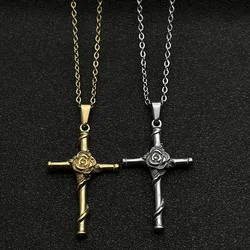 Gold Color Stainless Steel Jesus Cross Pendant Necklace for Women Men Rose Flower Cross Christian Necklace Jewelry