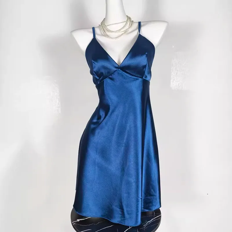 

Sexy V-neck Low Cut Strap Nightdress for Women's Summer Hot Girls Satin Thin Backless Short Dress Fashion Female Clothes