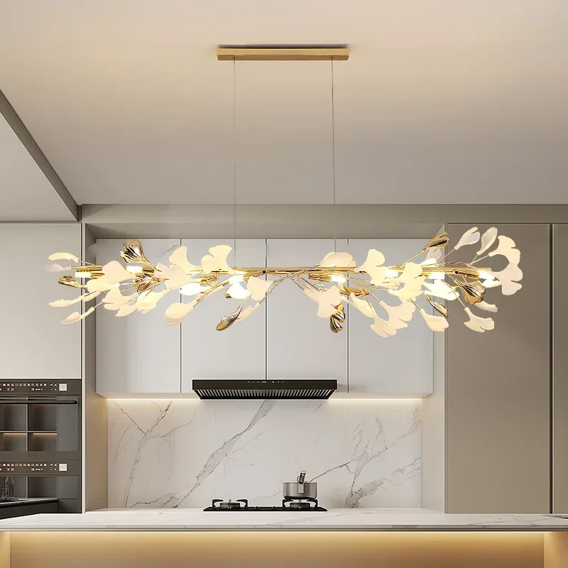 Binnenverlichting Luxe Keramische Kroonluchter Live Eetzaal Ginkgo Tak Blad Hanger Koperen Kunst Villa Led Hangende Lustres