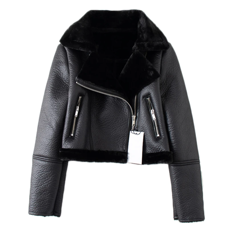 Streetwear Women Thick Warm Faux Leather Fur Short Jacket Autumn Winter Female Zipper Moto Biker Coat Outwear Tops Z85