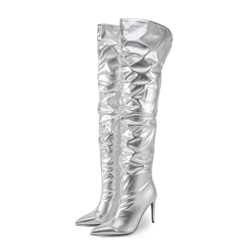 New Metal Microfiber Leather Knee High Boots With Pointed Pleated Sleeves And Slim High-heeled Fashion Knee High Boots