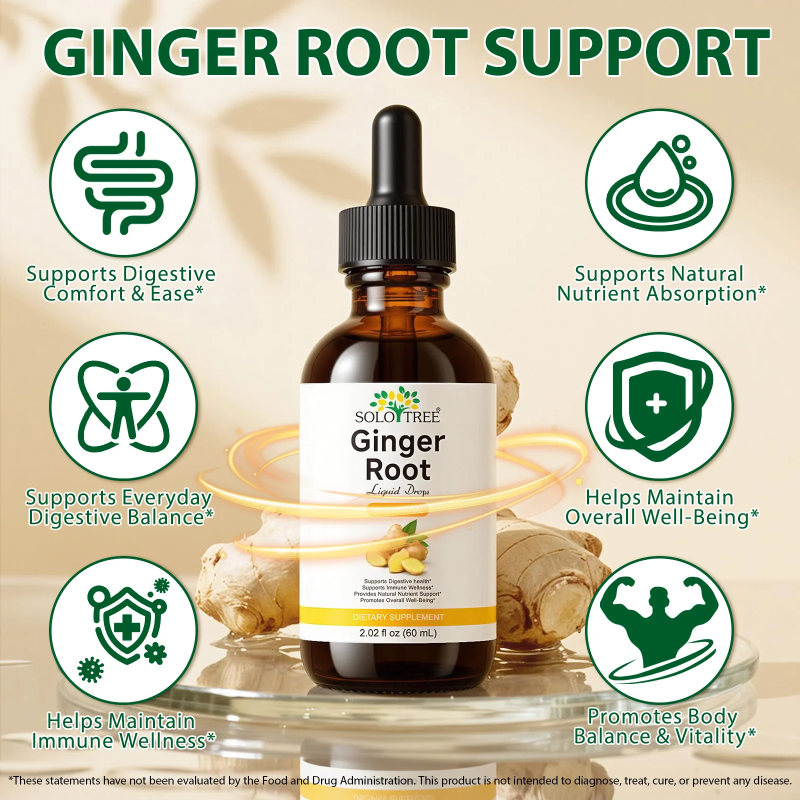 Ginger Root Extract Drops Liquid for Digestive Health, Gut Balance & Nausea Support, Natural Ginger Formula Sugar Free 60ML