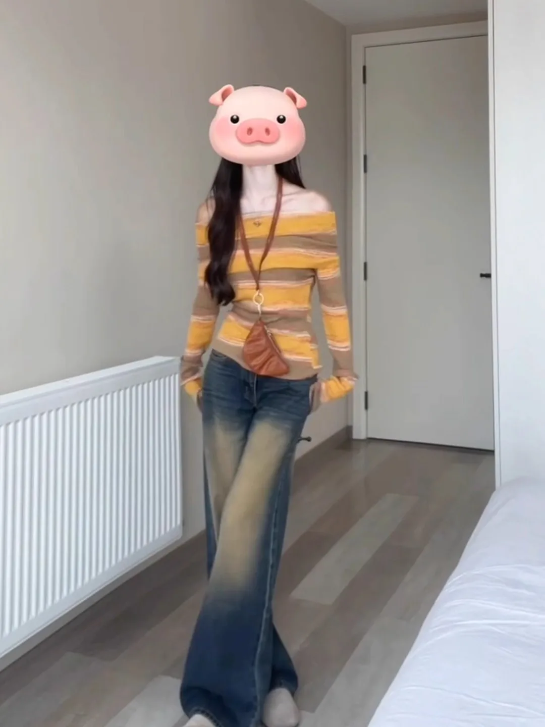 レディースニット長袖ワンショルダーベースシャツスリムフィットインナーウェアTシャツ通勤スタイル春秋シーズンストライプ柄