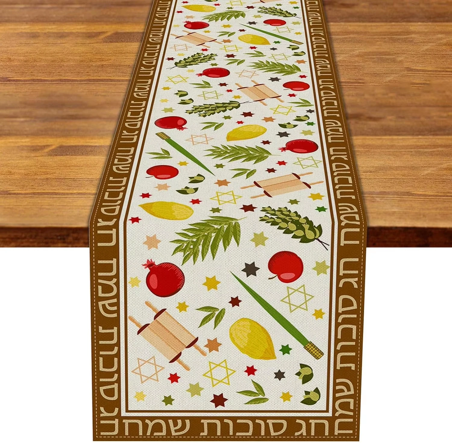 Happy Sukkot Linen Table Runner Holiday Party Decor Etrog Lulav Hebrew Jewish Harvest Kitchen Dining Table Runner Wedding Decor