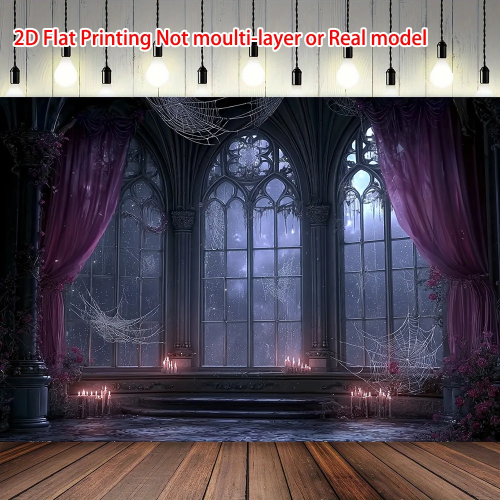 Halloween Spider Web Castle Tapestry, Gothic Red Window with Candelabra Design, Vampire Themed  for Indoor Outdoor Party Decor