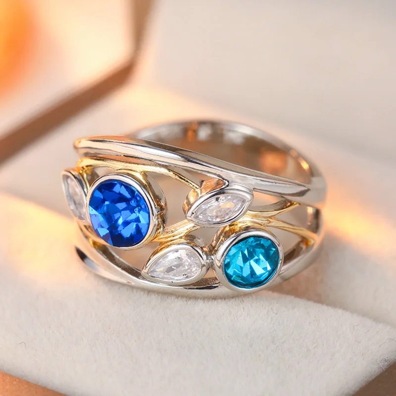 Vintage Two Tone Interwoven Ring Hollowed Out Lines Design Inlay Cubic Zircon Daily Ring Women's Jewelry Accessory