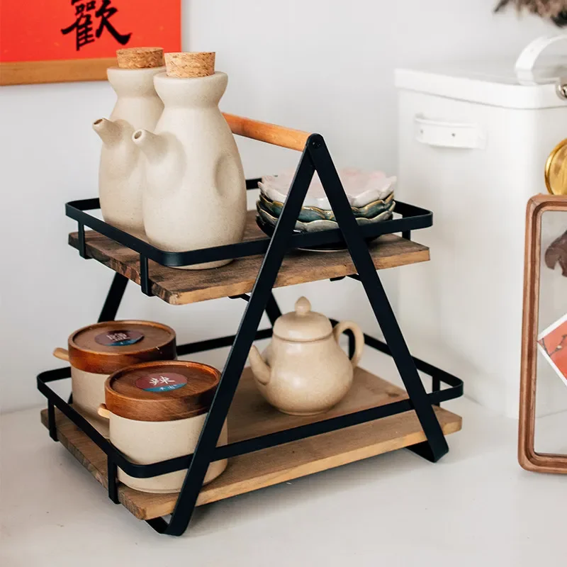 Wrought Iron 2-Tier Foldable Basket, Kitchen Spice Organizer & Living Room Fruit Rack - Portable Multi-Purpose Storage Shelf