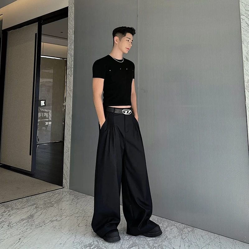 NOYMEI Personalized Pleats All-match Black Wide Leg Casual Pants Adjustable Suit Trousers 2024 Spring Design Men WA4107