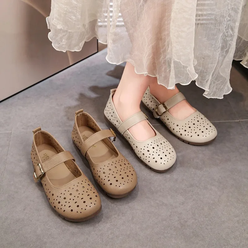 

2026 Women Flats Shoes Hollow Out Ballet Janes Casual Sneakers Round Toe Ankle Strap Loafers Comfortable Office Shoes