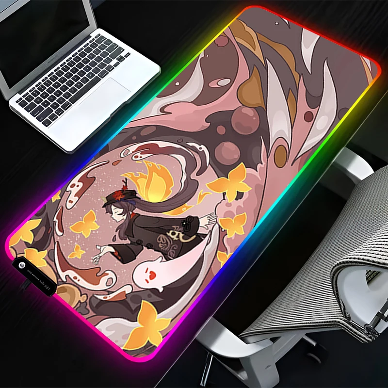 RGB LED Mouse Pad HD Rubber Mousepad Computer Gaming Accessories Keyboard Pad G-genshin Impact Hu Tao Office Non Slip Mouse Mat