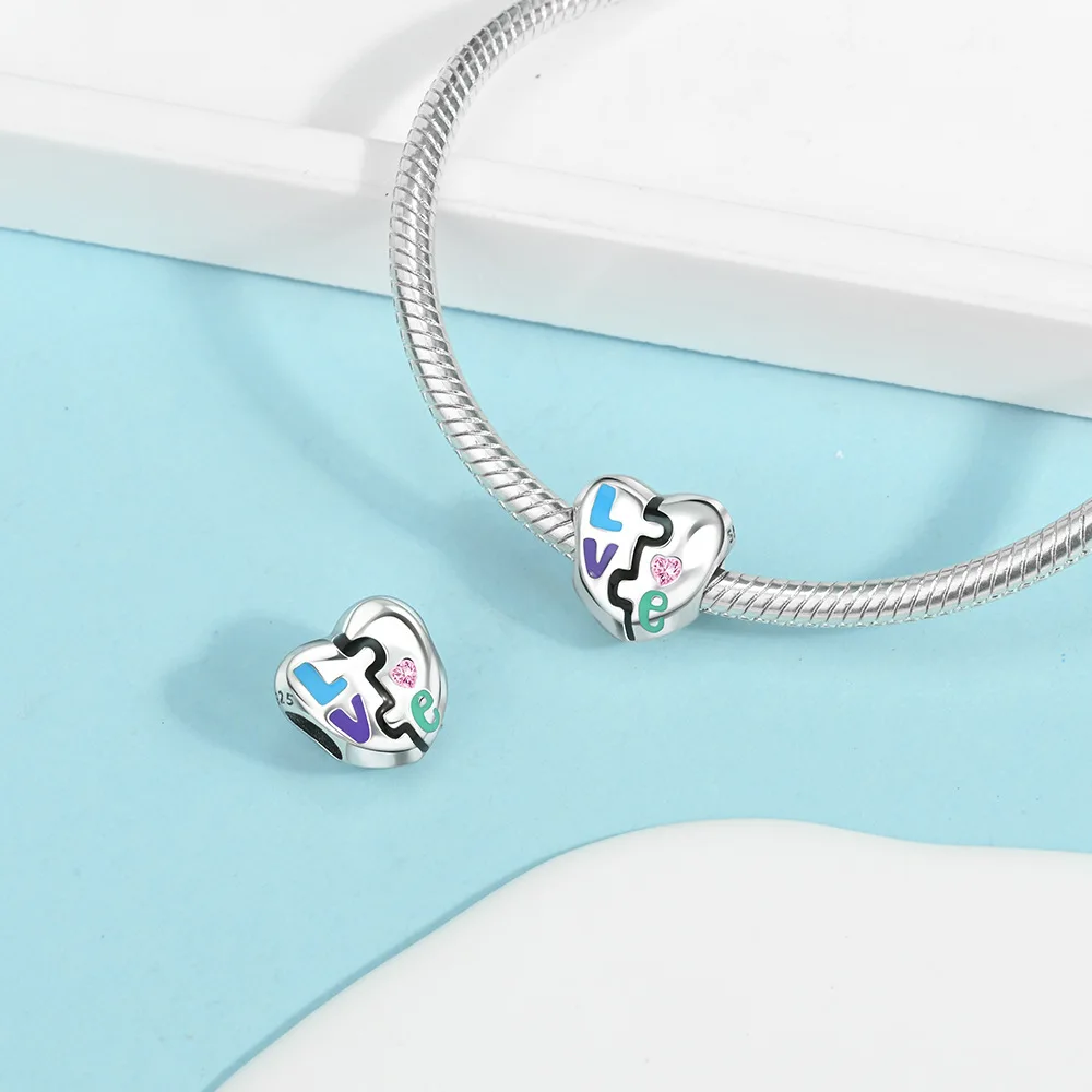 Silver Plated Rainbow LOVE Dangle Charm Bead Fit Bracelets Bag Keychain Charms