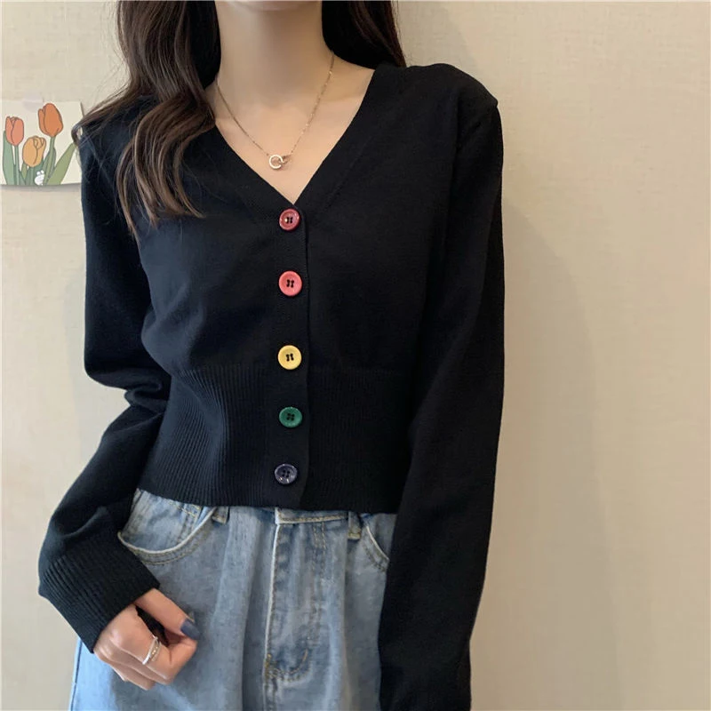 Chic Rainbow Buttons Cardigan Women Casual Long Sleeve V Neck Sweet Knitted Sweaters Korean Fashion Loose Soft Short Cardigan