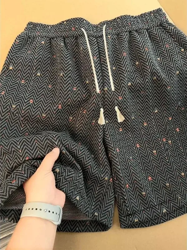 Summer American Retro Floral Short Pants Men's Loose Drawstring Casual Five-Quarter Beachwear Classic Tartan Pattern