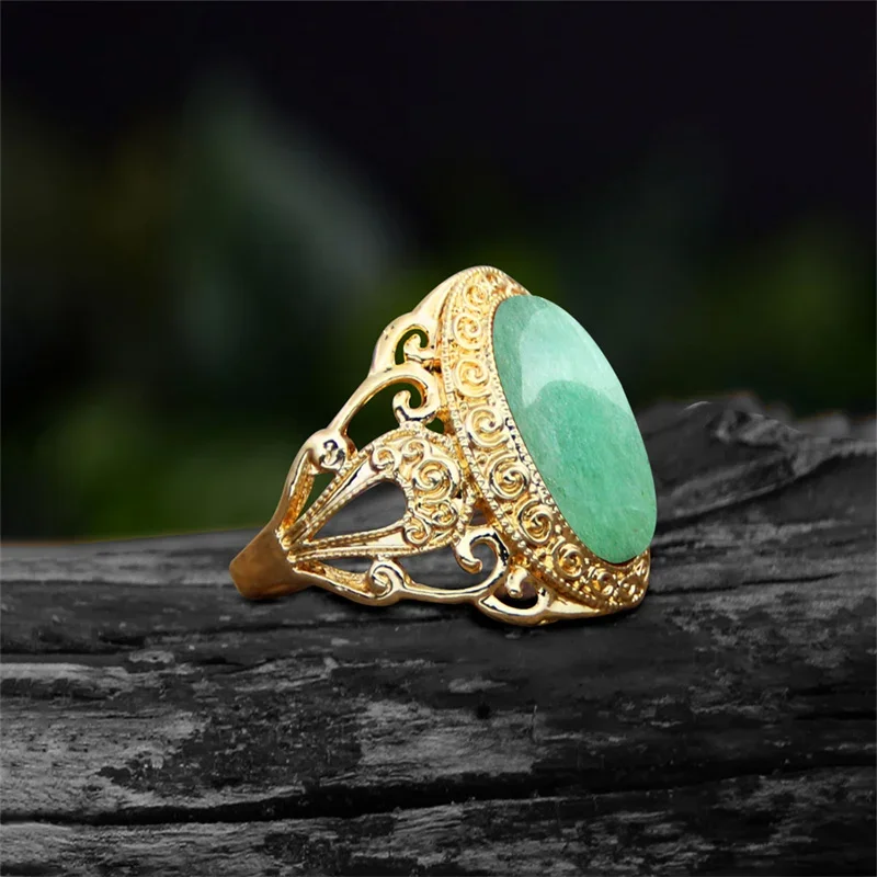 Fashion Oval Natural Quartz Jades Rings For Women Gold Color Flower Natural Stone Fashion Women Ring