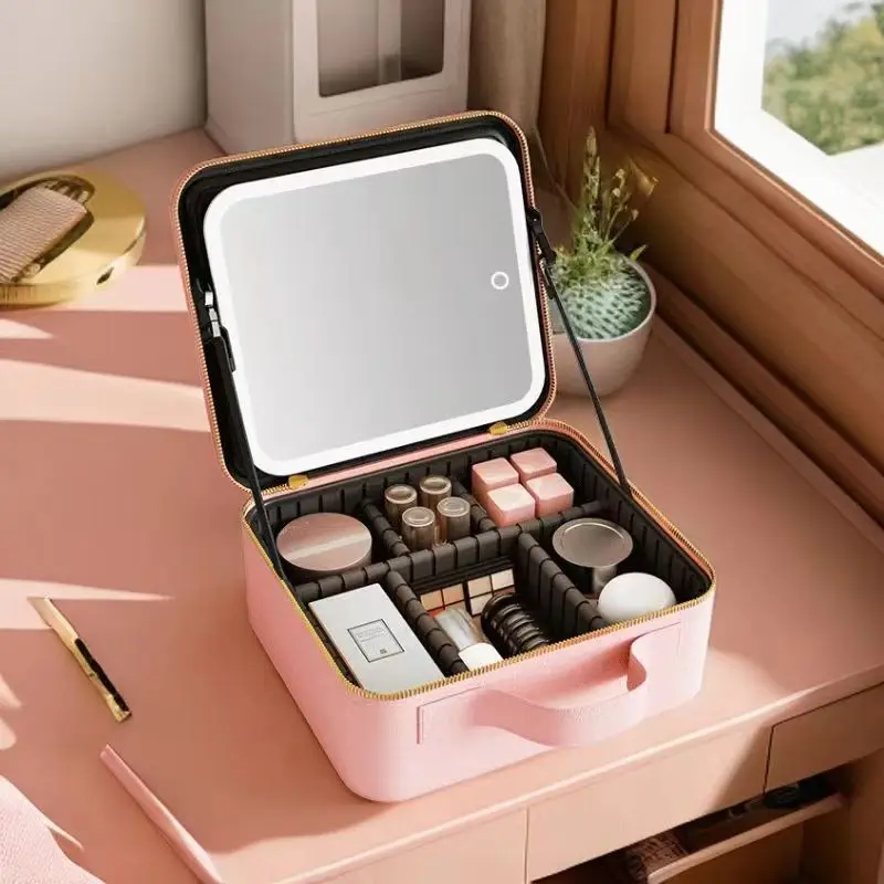 Cosmetic bag with mirror led light portable large capacity cosmetic bag storage box professional beauty bag
