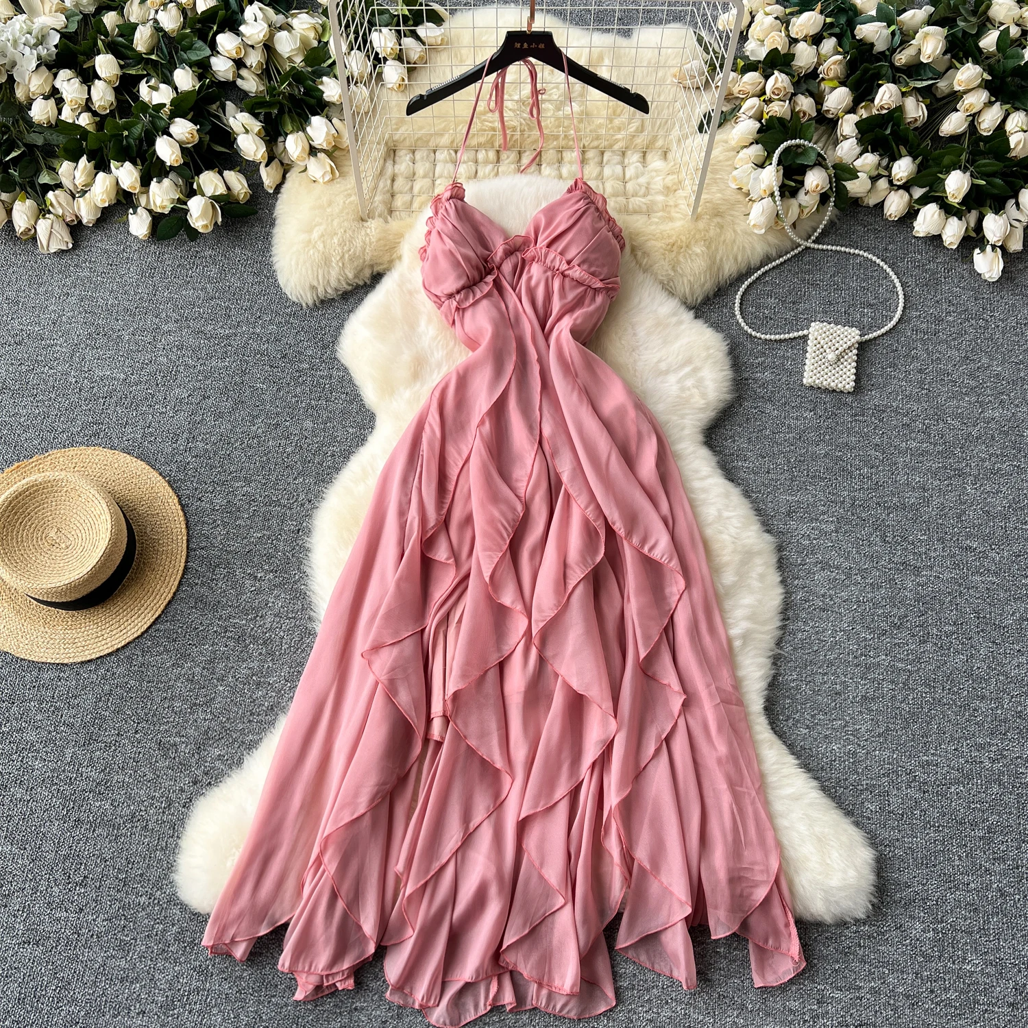 Sexy v neck asymmetrical ruffle chiffon summer halter Dress Chic Vintage Korean Fashion Women Beach Casual Slim dresses