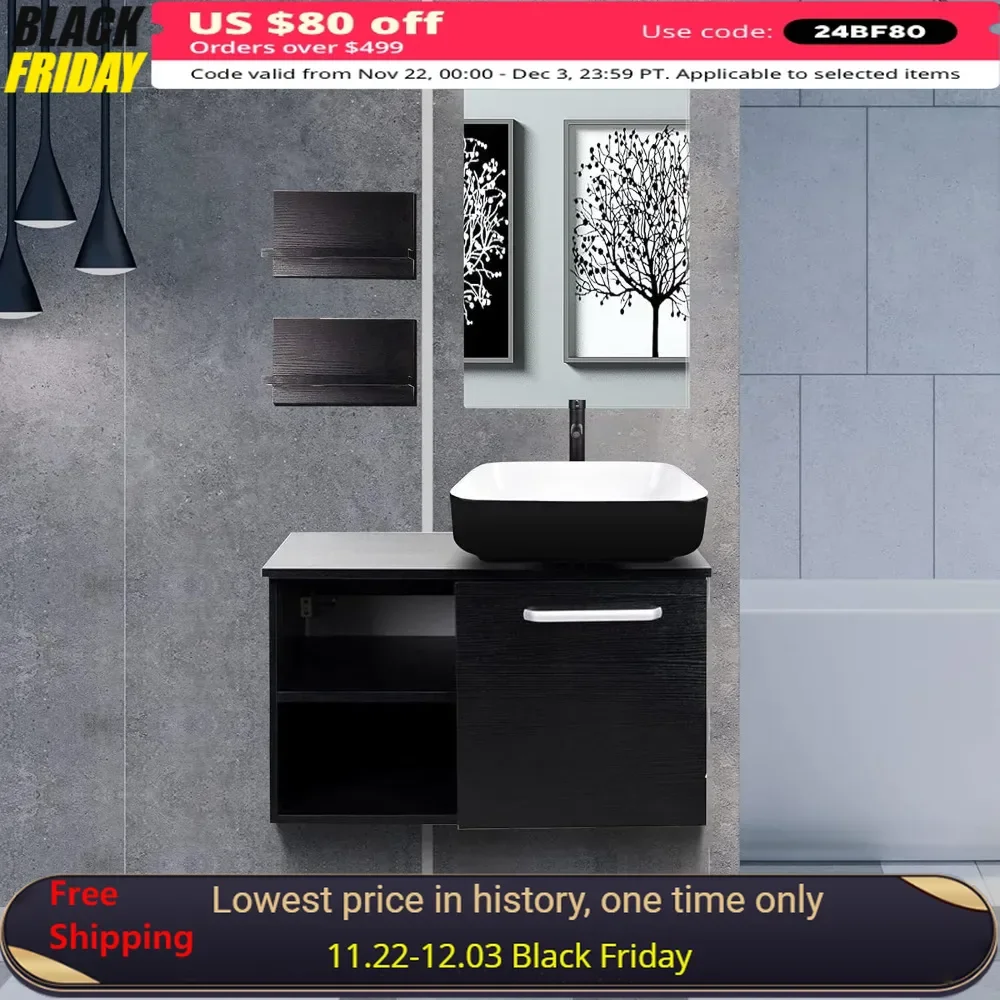 28 Inch Floating Bathroom Vanity with Ceramic Sink, Mirror & Faucet and Pop-up Drain Set, Modern Wall Mounted Bathroom Vanity