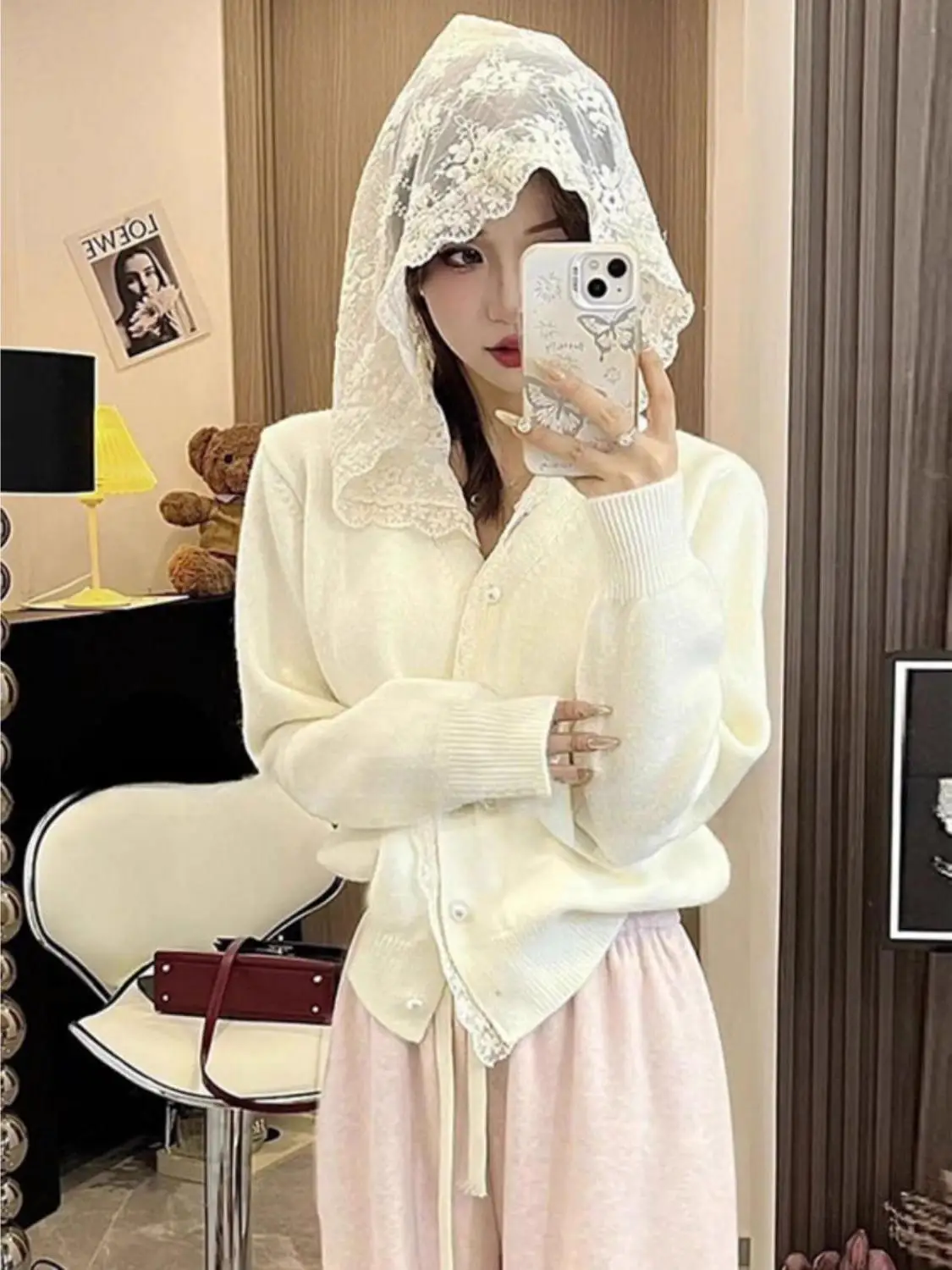 

Длинный вязаный свитер с кружевом Design Sensation, женский осенне-зимний новый свободный утягивающий универсальный открытый кардиган, топ