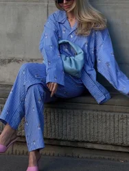 New Fashion Casual Blue Print 2 Piece Sets Women Outfit Lapel Long Sleeve Button Shirts High Waist Straight Trousers Sets