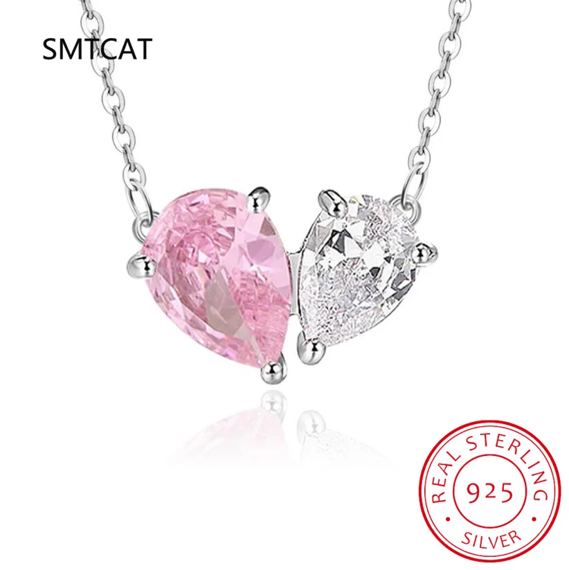 Pear Created Pink Sapphire 925 Sterling Silver Heart Pendant Necklace for Women Gemstone Fine Jewelry Statement Gift Colar Prata