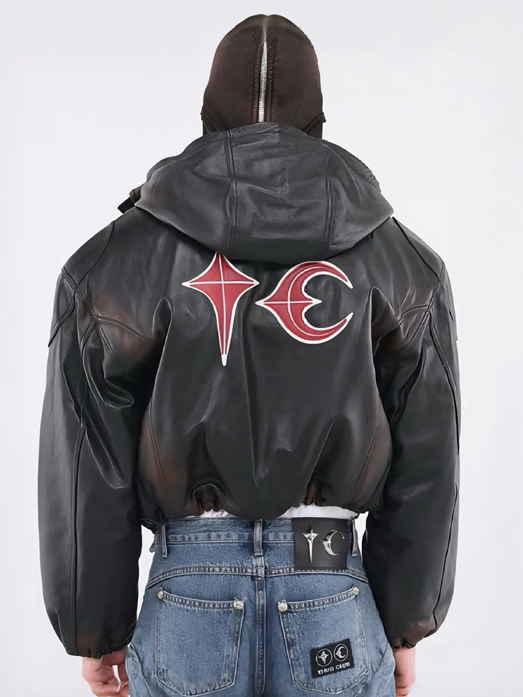 

Thug Club Thiened Warmth PU Leather Jaet Hooded Cotton Coat Outerwear Faionable Casual Loose Fit Windproof Water Repellent