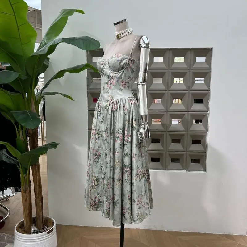 DFDG Abito dal design slim fit a vita bassa con canotta stampata 2025 Nuovo articolo estivo per donna, gonna grande versatile e popolare