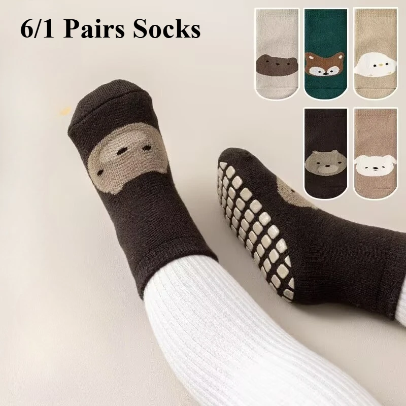 

6/1 Pairs of Floor Socks Newborn Dispensing Non-Slip Indoor Soft Bottom All Year Round Cartoon Loose Mouth Boys and Girls Socks