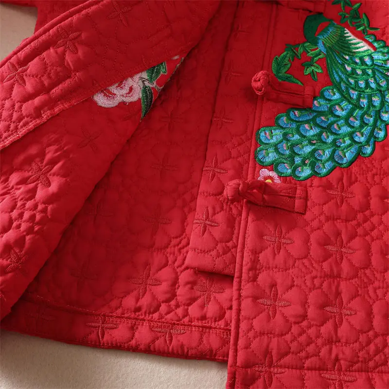 Retro-Stehkragen-Knopf-Baumwolljacke für Damen, große Größe, Tang-Anzug-Stil, ethnisch bestickter Kurzmantel im Herbst/Winter G026