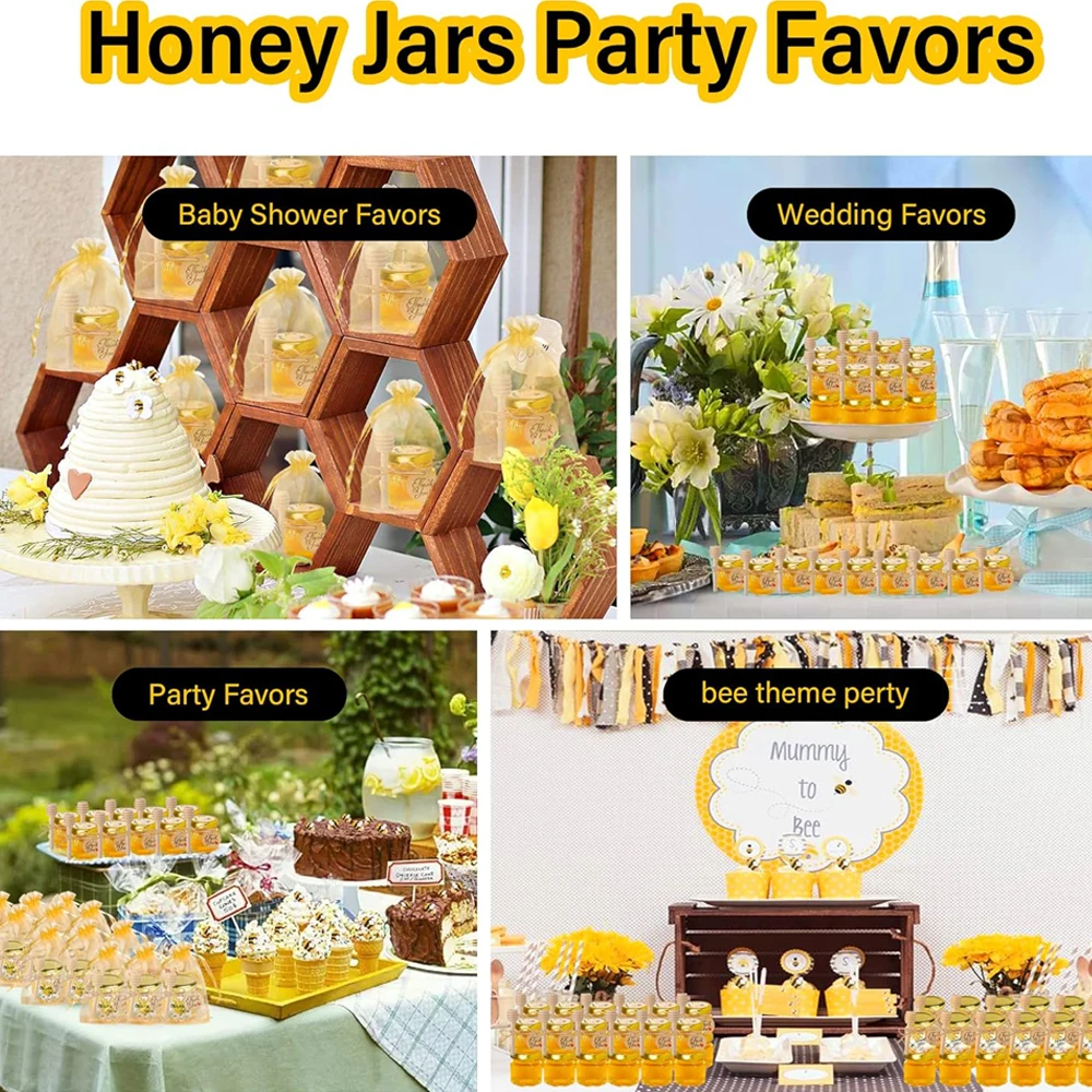 1.5 Oz Hexagon Mini Glass Honey Jars With Wood Dipper, Bee Pendants And Jutes, For Baby Shower, Wedding Favors, Party Favors