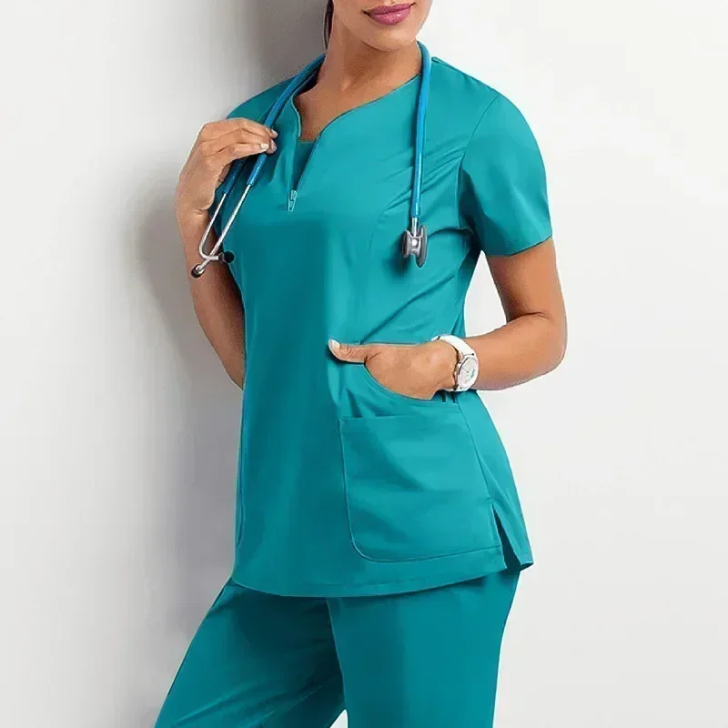 Correia em v para mulheres, logotipo personalizável, top de roupa com mangas, farmácia trabalhando médico, hospital e médico enfermagem uniforme, uniforme de enfermeira casual