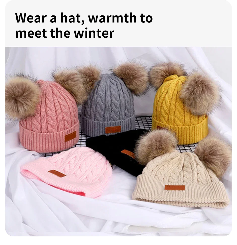 لطيف مزدوجة الصوف Pompom الطفل قبعة الأطفال قبعة دافئة الخريف الشتاء القبعات للأطفال بنين بنات محبوك دفئا قبعة قبعات بونيه #6